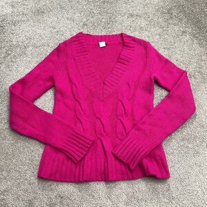 J. Crew Wool Cashmere Cable Knit Sweater Womens Small Hot Pink V-Neck Pullover